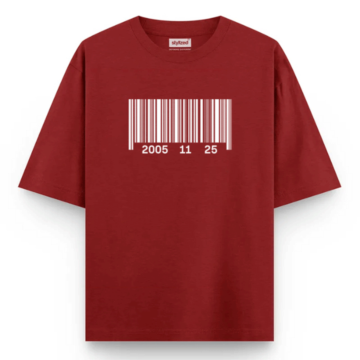 Custom Barcode Birthdate T-shirt - Oversize - Maroon / XS - T-Shirt