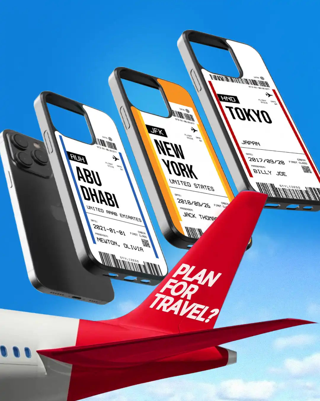 Four smartphone cases designed to resemble airline boarding passes.