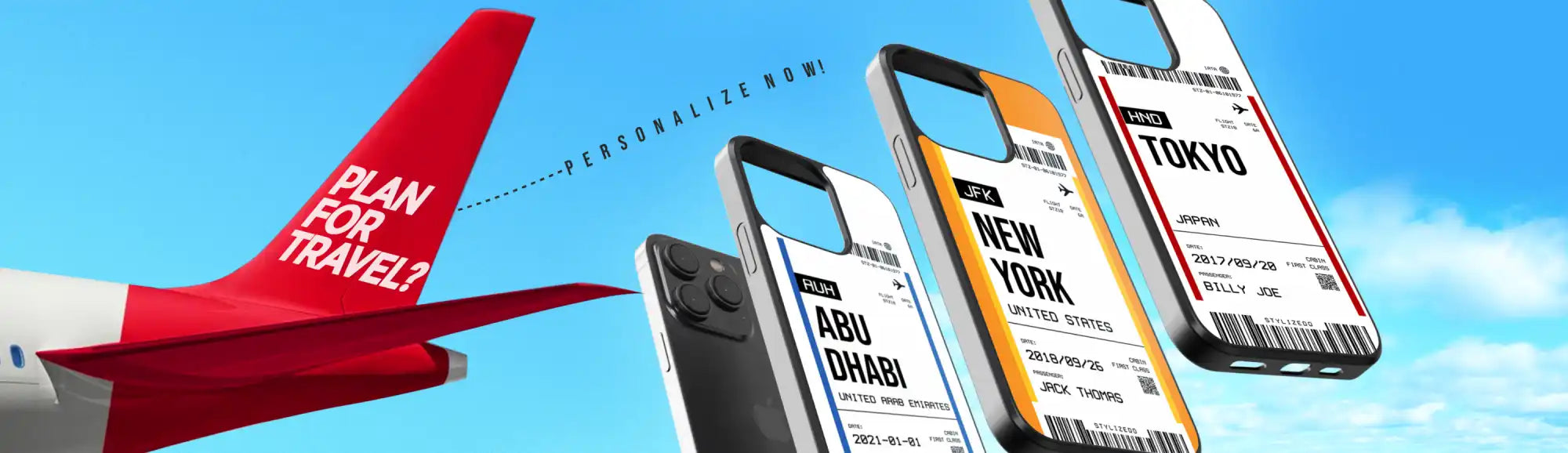 A set of smartphone cases designed to resemble airline boarding passes for various cities.
