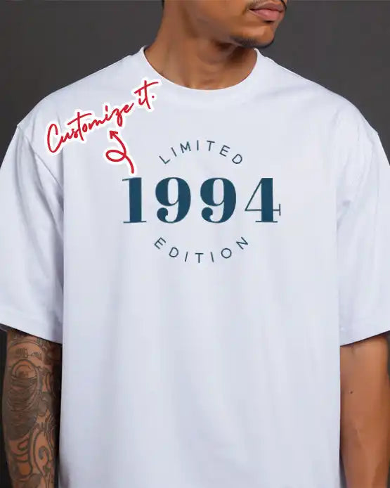White t-shirt with ’Limited Edition 1994’’ text and a signature-style design in red.