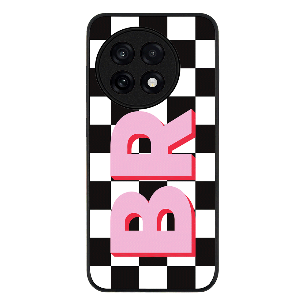 Custom Monogram Initial Checkerboard Phone Case - OnePlus - 13R / Ace 5 Pro / Rugged Black