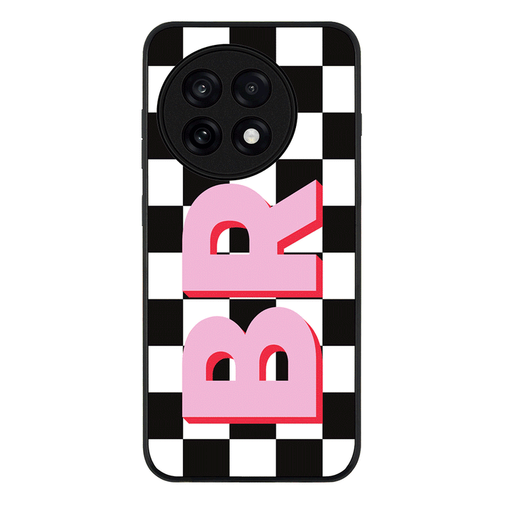 Custom Monogram Initial Checkerboard Phone Case - OnePlus - 13R / Ace 5 Pro / Rugged Black