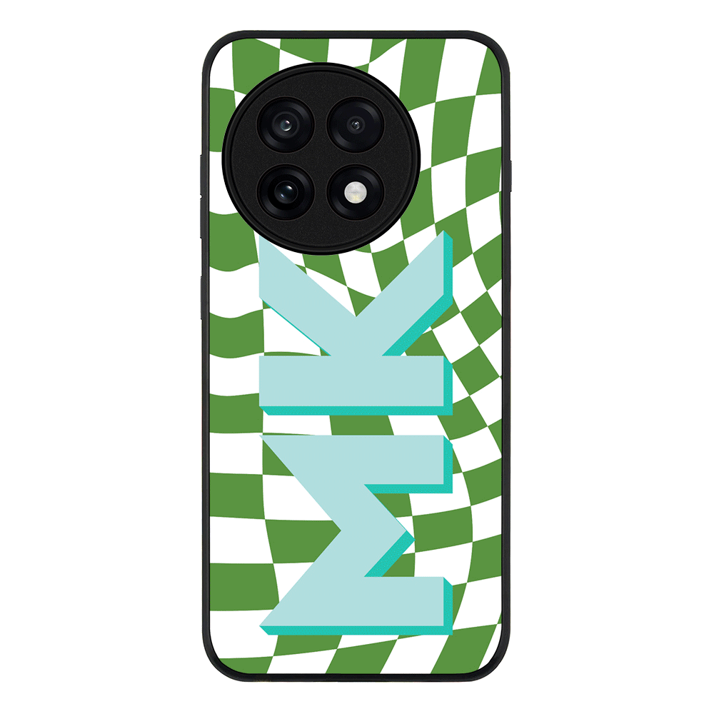 Custom Monogram Initial Wavy Checkerboard Phone Case - OnePlus - 13R / Ace 5 Pro / Rugged Black