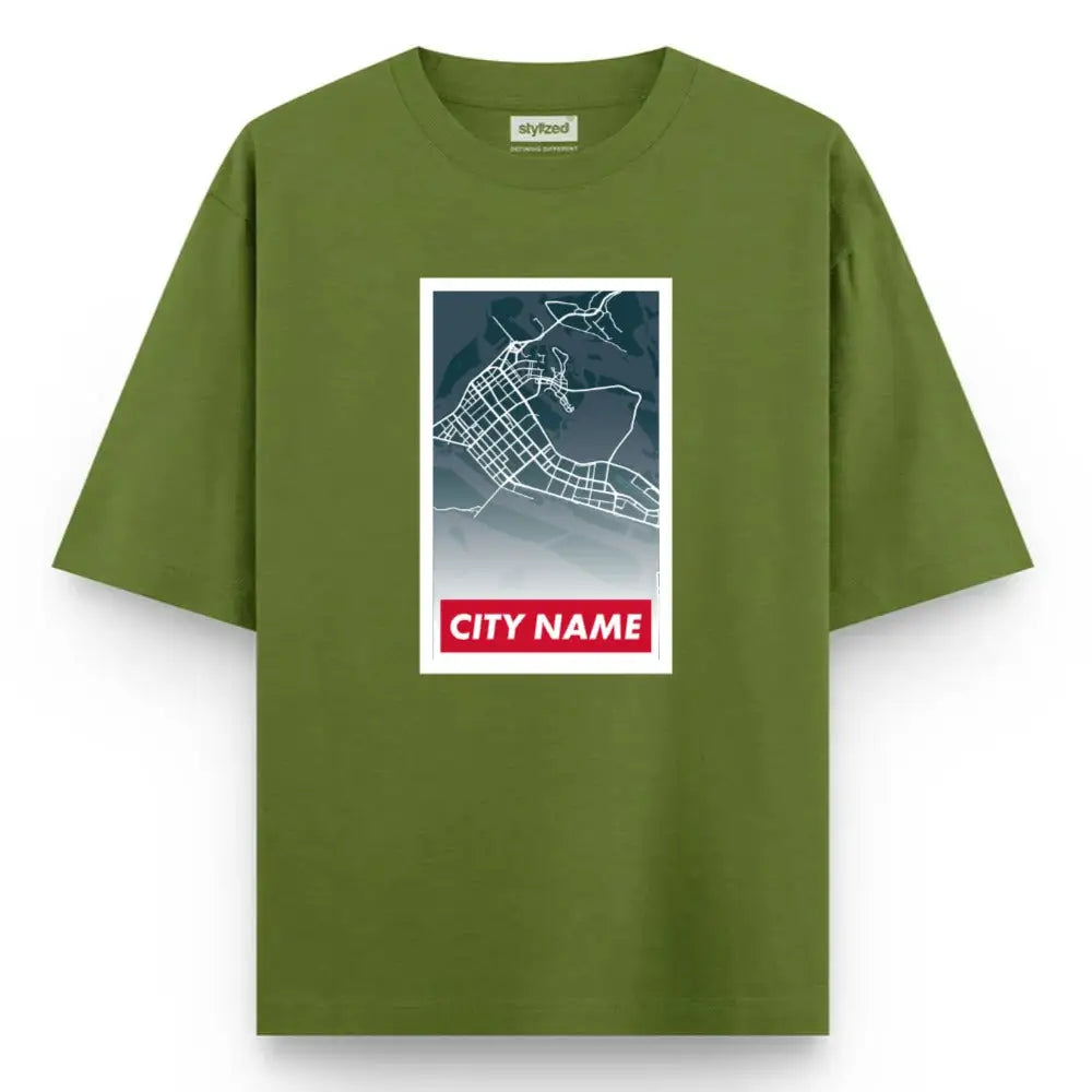 Custom City Poster T-Shirt - Oversized - Military Green / XS