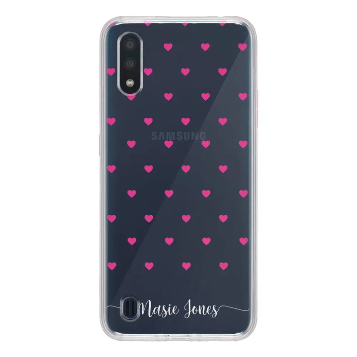 Samsung Galaxy A01 / Clear Classic Phone Case Heart Pattern Custom Text, My Name Phone Case - Samsung A Series - Stylizedd