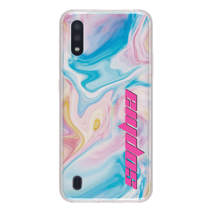 Samsung Galaxy A01 / Clear Classic Personalized Text Purple Teal Oceanic Marble Texture, Phone Case - Samsung A Series - Stylizedd.com