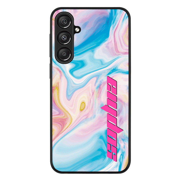 Samsung Galaxy A16 / A16 5G / Rugged Black Personalized Text Purple Teal Oceanic Marble Texture, Phone Case - Samsung A Series - Stylizedd.com
