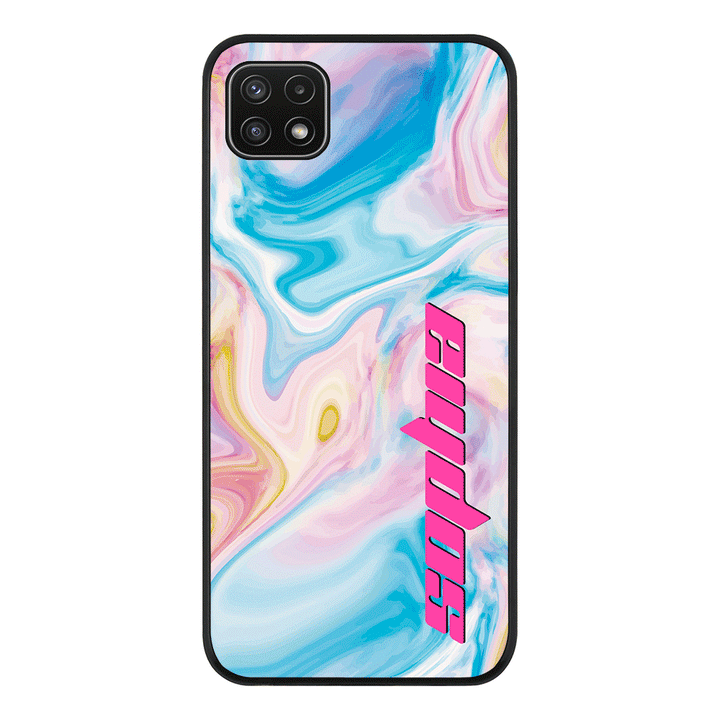 Samsung Galaxy A22 5G / Rugged Black Personalized Text Purple Teal Oceanic Marble Texture, Phone Case - Samsung A Series - Stylizedd.com