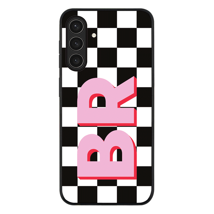 Custom Monogram Initial Checkerboard Phone Case - Samsung A Series - Galaxy A26 / Rugged Black