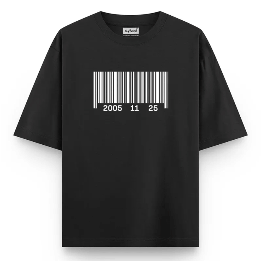 Custom Barcode Birthdate T-shirt - Oversize - Black / XS - T-Shirt