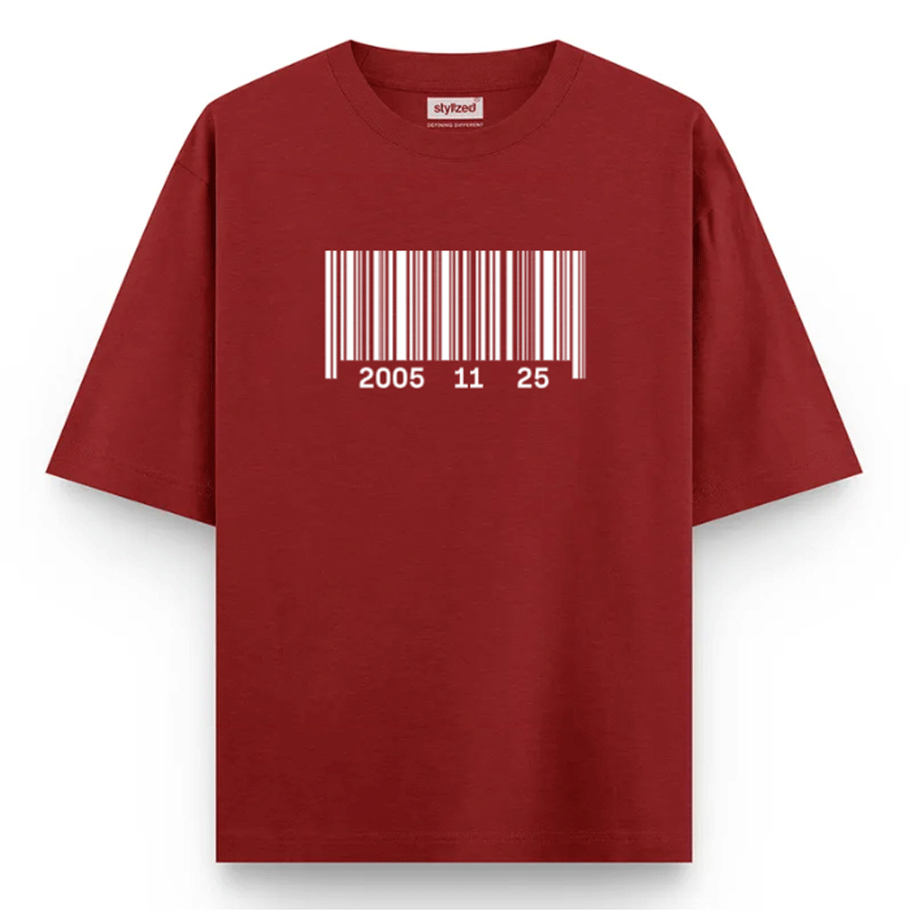 Custom Barcode Birthdate T-shirt - Oversize - Maroon / XS - T-Shirt