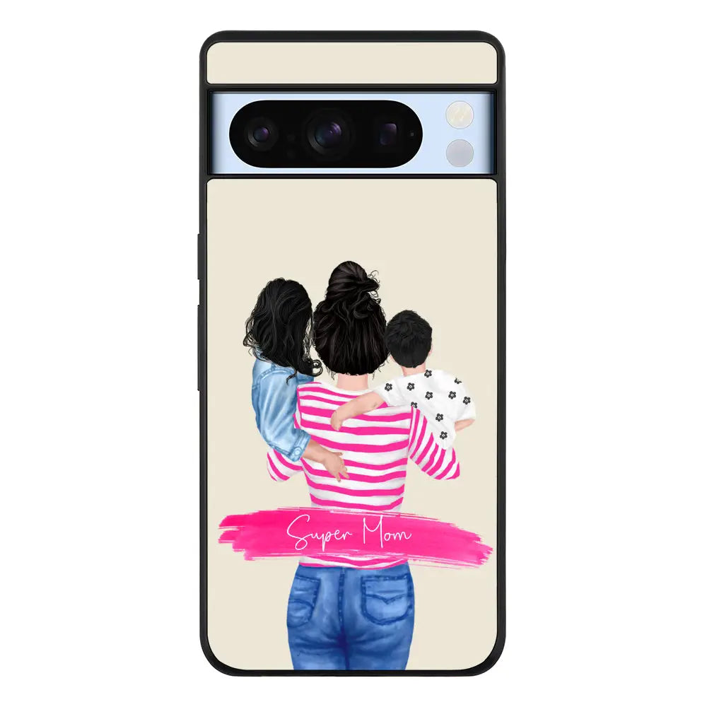 Custom Clipart Text Mother Son & Daughter Phone Case - Google - Pixel 8 Pro / Rugged Black -