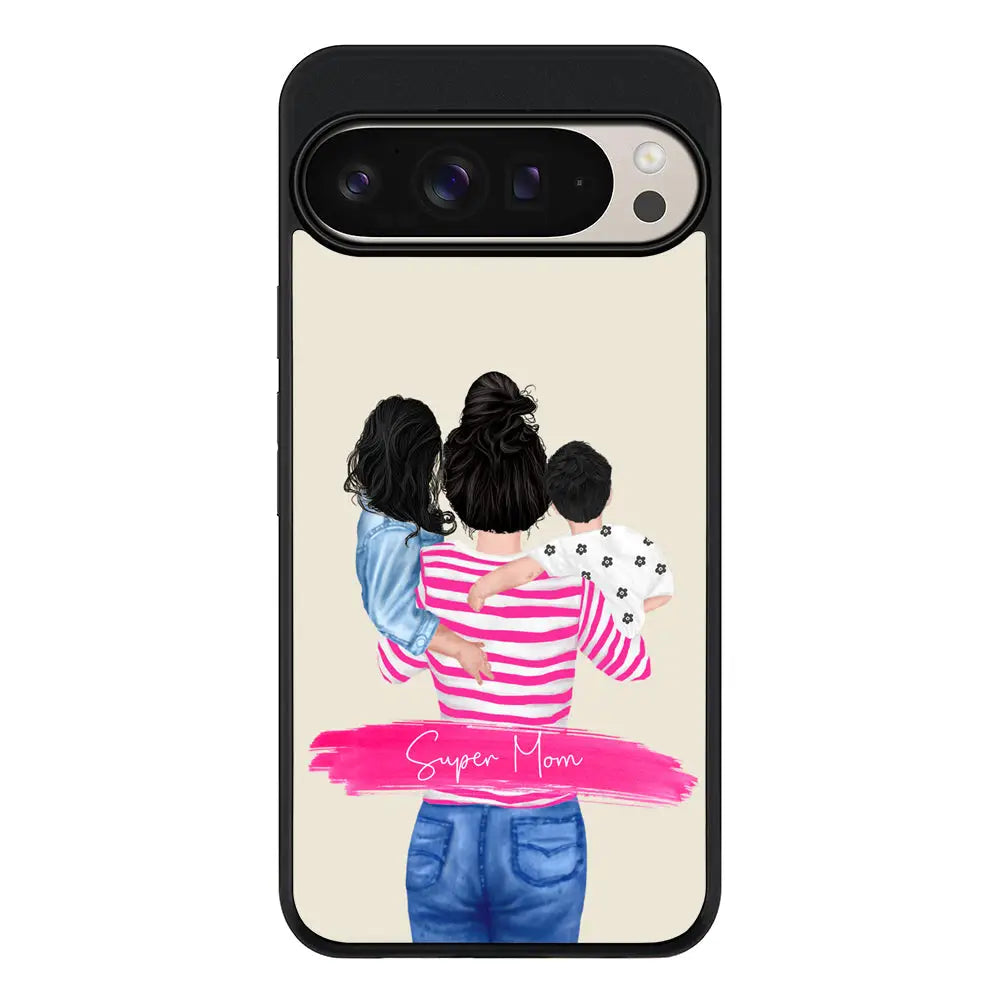 Custom Clipart Text Mother Son & Daughter Phone Case - Google - Pixel 9 Pro XL / Rugged Black