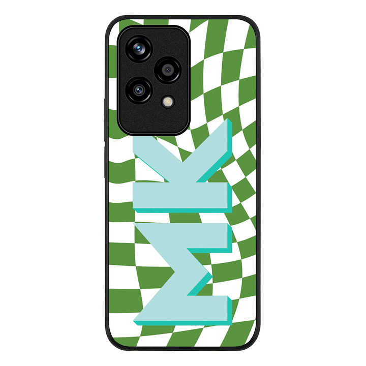 Custom Monogram Initial Wavy Checkerboard Phone Case - Honor - 200 Lite / Rugged Black - Stylizedd