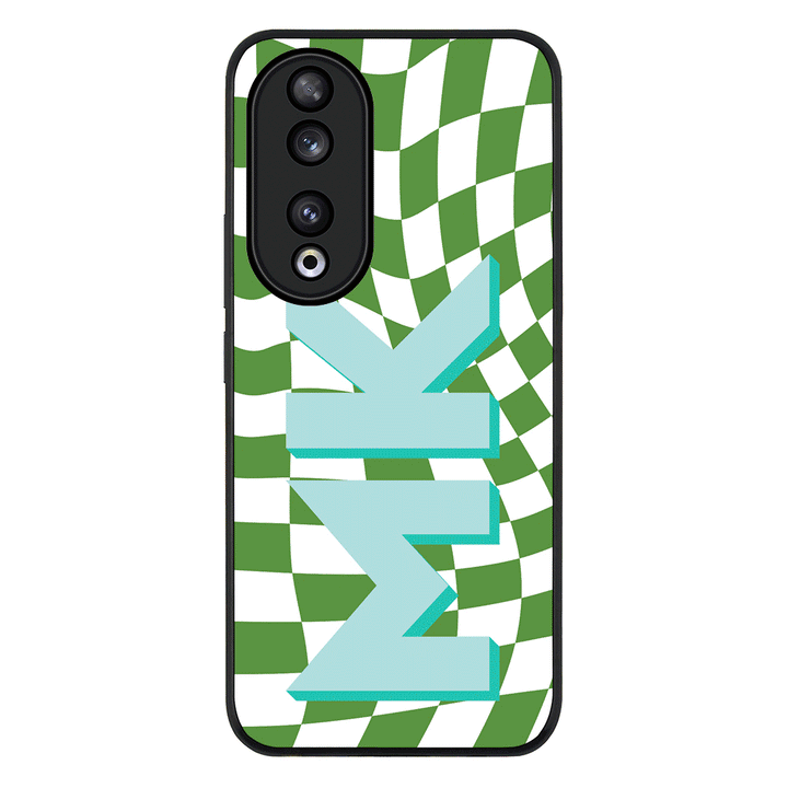 Custom Monogram Initial Wavy Checkerboard Phone Case - Honor - 90 / Rugged Black - Stylizedd