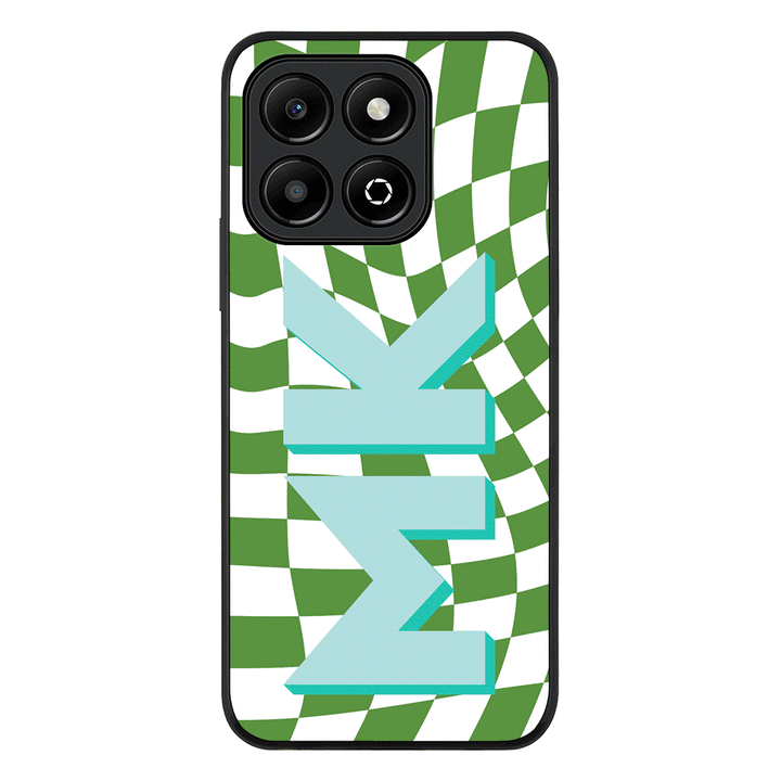 Custom Monogram Initial Wavy Checkerboard Phone Case - Honor - X6b / Rugged Black - Stylizedd