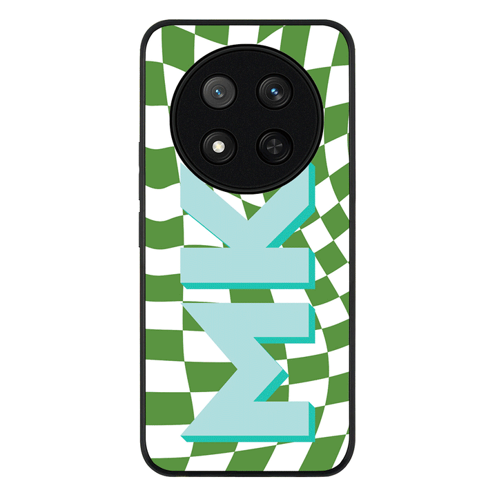 Custom Monogram Initial Wavy Checkerboard Phone Case - Honor - X9c / Magic7 Lite / Rugged Black