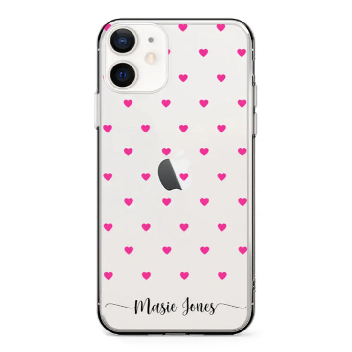 Apple iPhone 12 Mini / Clear Classic Heart Pattern Custom Text, My Name Phone Case - Stylizedd.com