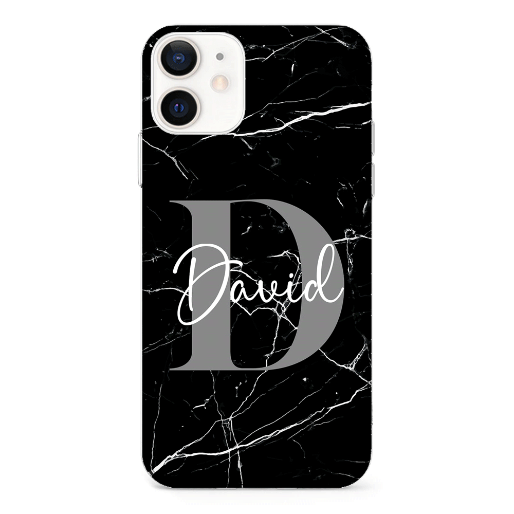 Apple iPhone 12 Mini / Clear Classic Personalized Text Black & White Marble Texture, Phone Case - Stylizedd.com