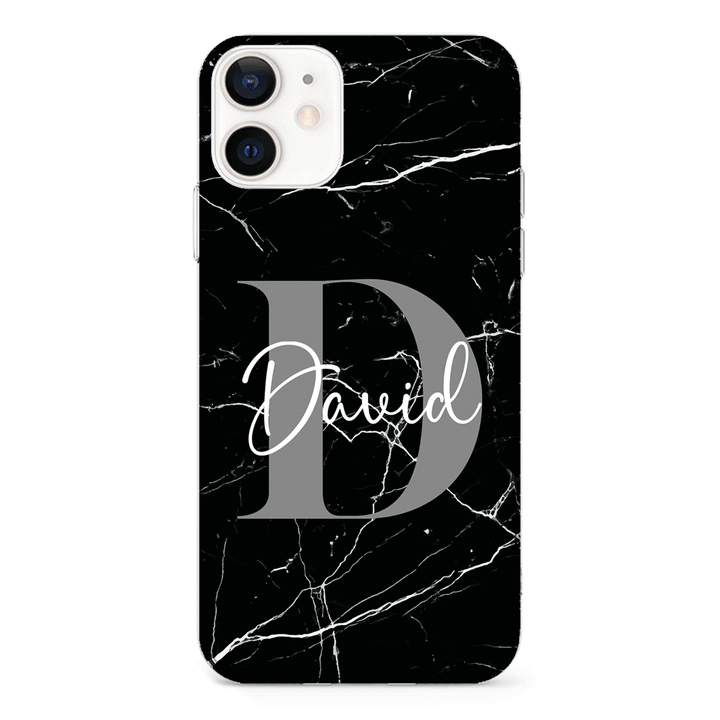 Apple iPhone 12 Mini / Clear Classic Personalized Text Black & White Marble Texture, Phone Case - Stylizedd.com
