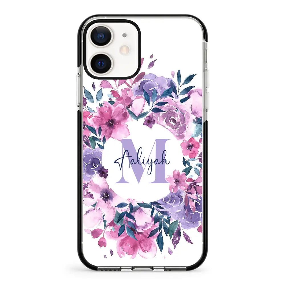 Apple iPhone 12 Mini / Impact Pro Black Custom Monogram Floral Flower Initial Name & Letter, Phone Case - Stylizedd.com