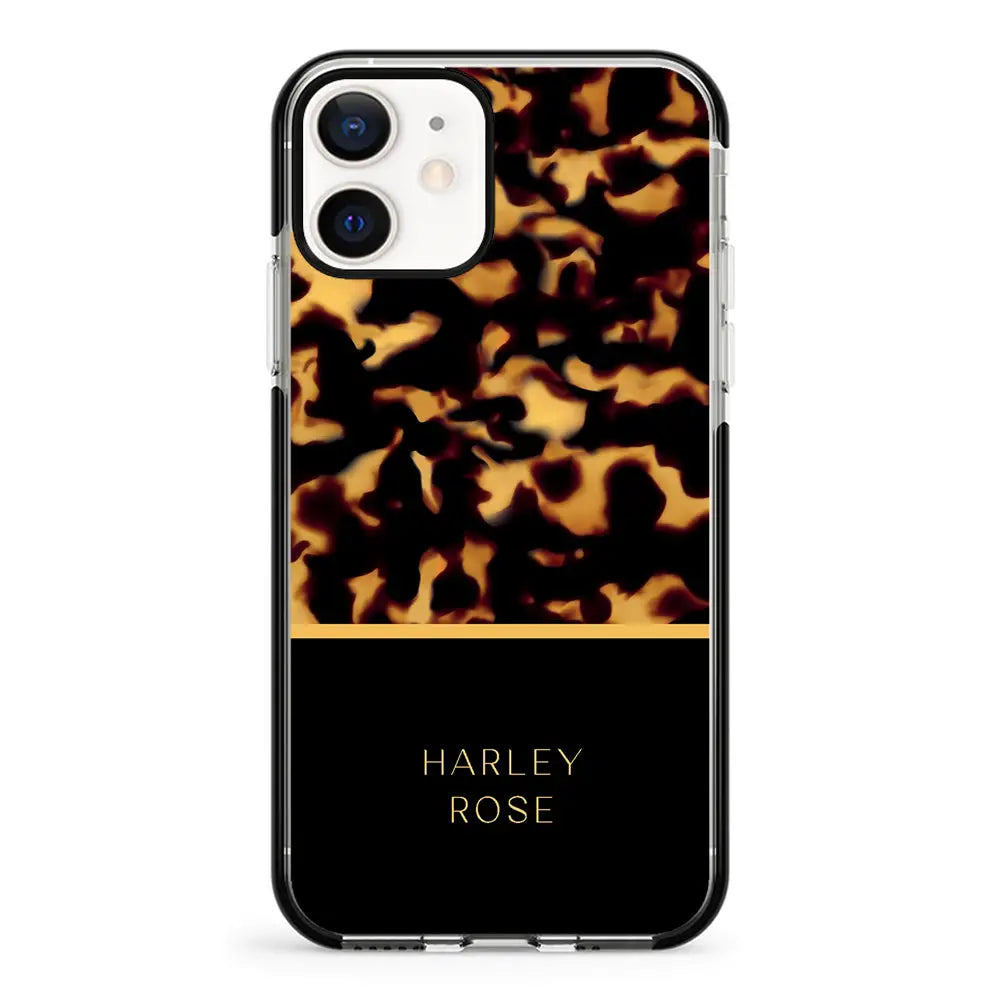 Apple iPhone 12 Mini / Impact Pro Black Personalized Text Elegant Luxury Tortoise Shell Pattern, Phone Case - Stylizedd.com