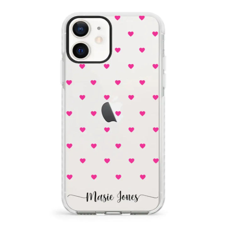 Apple iPhone 12 Mini / Impact Pro White Heart Pattern Custom Text, My Name Phone Case - Stylizedd.com