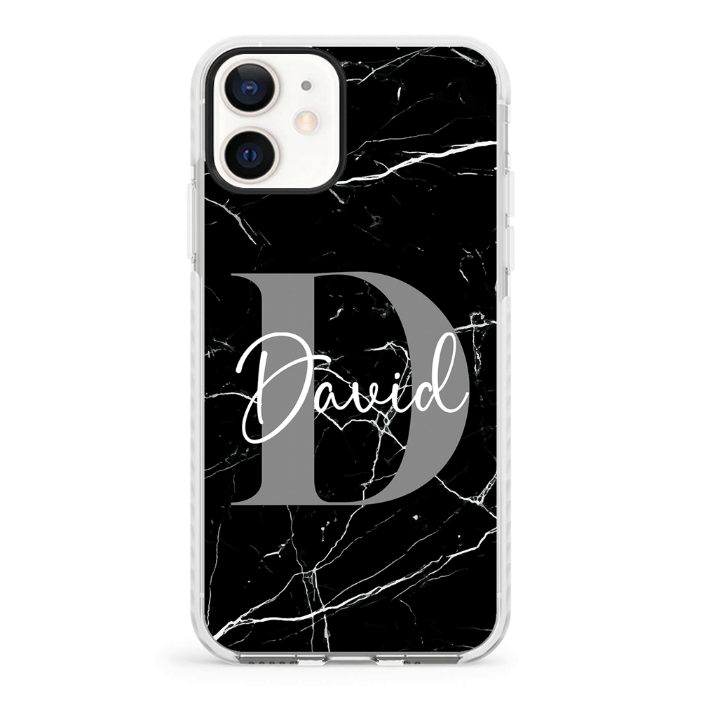 Apple iPhone 12 Mini / Impact Pro White Personalized Text Black & White Marble Texture, Phone Case - Stylizedd.com