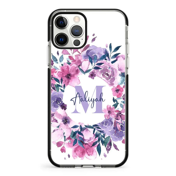 Apple iPhone 12 | 12 Pro / Impact Pro Black Custom Monogram Floral Flower Initial Name & Letter, Phone Case - Stylizedd.com