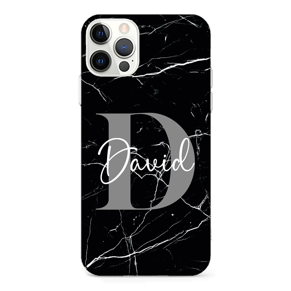 Apple iPhone 12 Pro Max / Clear Classic Personalized Text Black & White Marble Texture, Phone Case - Stylizedd.com