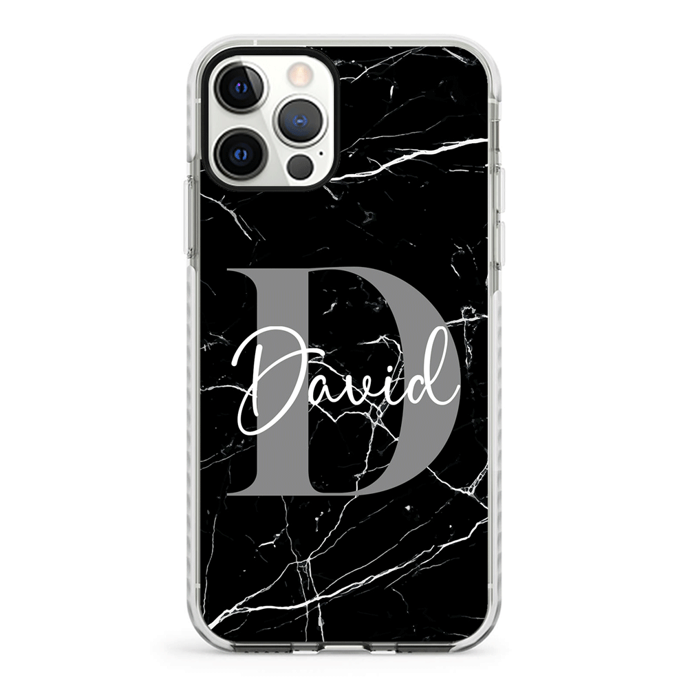 Apple iPhone 12 Pro Max / Impact Pro White Personalized Text Black & White Marble Texture, Phone Case - Stylizedd.com