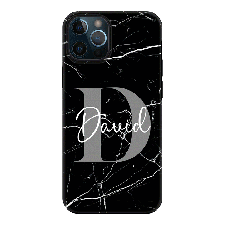Apple iPhone 12 | 12 Pro / Tough Pro Personalized Text Black & White Marble Texture, Phone Case - Stylizedd.com