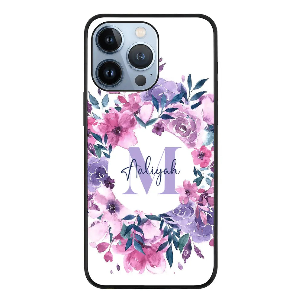 Apple iPhone 13 Pro / Rugged Black Custom Monogram Floral Flower Initial Name & Letter, Phone Case - Stylizedd.com