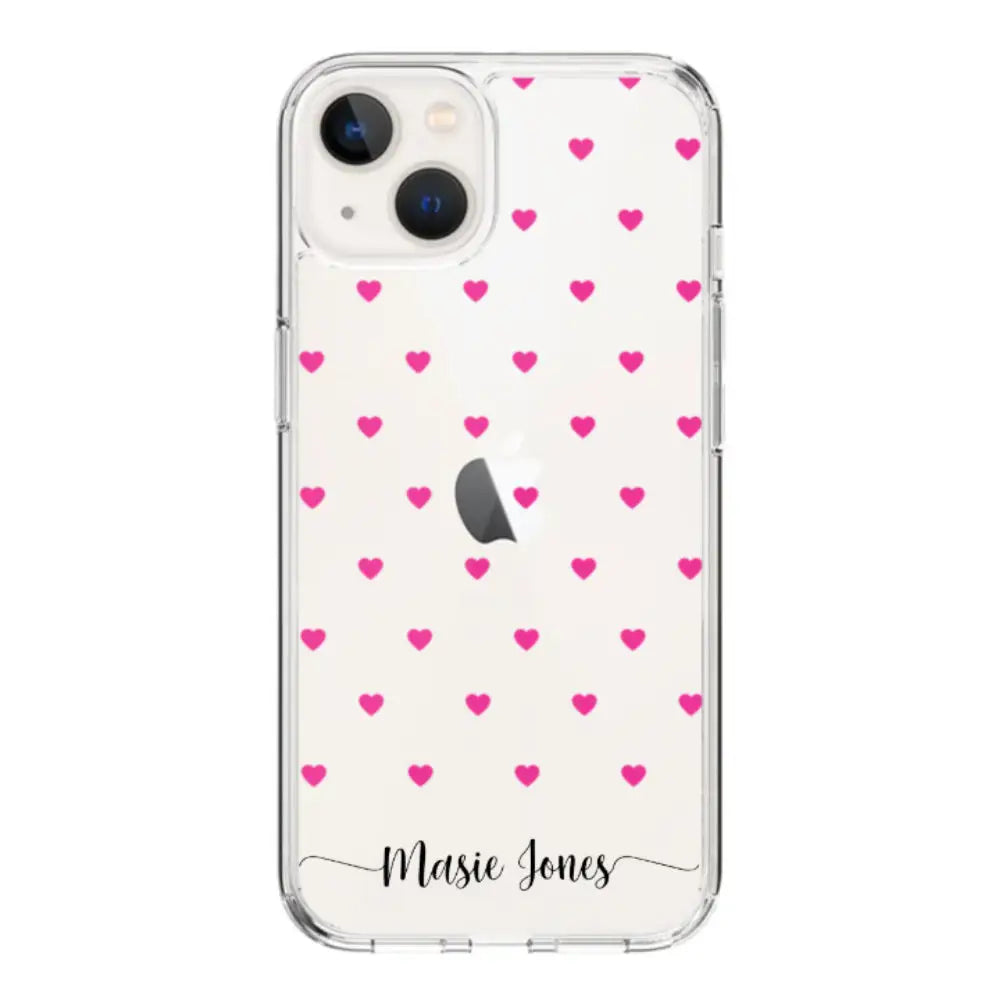 Apple iPhone 14 / Clear Classic Heart Pattern Custom Text, My Name Phone Case - Stylizedd.com