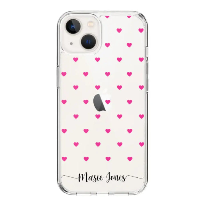 Apple iPhone 14 / Clear Classic Heart Pattern Custom Text, My Name Phone Case - Stylizedd.com