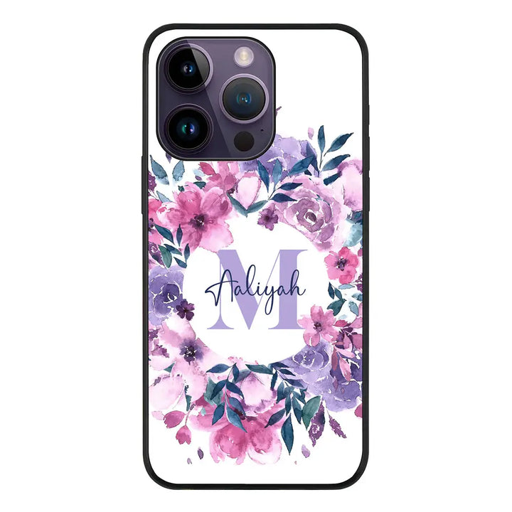 Apple iPhone 14 Pro / Rugged Black Custom Monogram Floral Flower Initial Name & Letter, Phone Case - Stylizedd.com