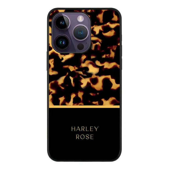Apple iPhone 14 Pro / Rugged Black Personalized Text Luxury Tortoise Shell Pattern, Phone Case - Stylizedd.com