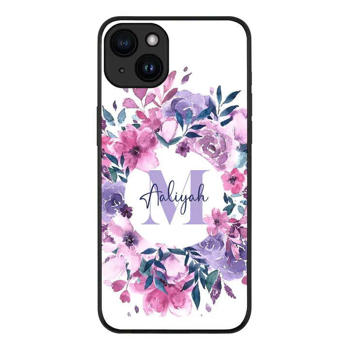 Apple iPhone 15 Plus / Rugged Black Custom Monogram Floral Flower Initial Name & Letter, Phone Case - Stylizedd.com