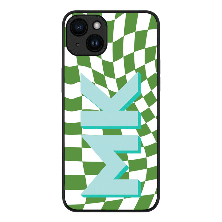 Apple iPhone 15 Plus / Rugged Black Custom Monogram Initial Wavy Checkerboard, Phone Case - Stylizedd.com