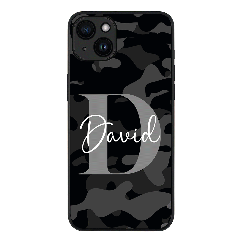 Apple iPhone 15 Plus / Rugged Black Personalized Name Camouflage Military Camo, Phone case - Stylizedd.com