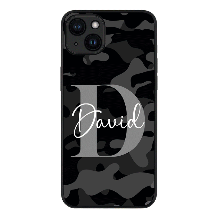 Apple iPhone 15 Plus / Rugged Black Personalized Name Camouflage Military Camo, Phone case - Stylizedd.com