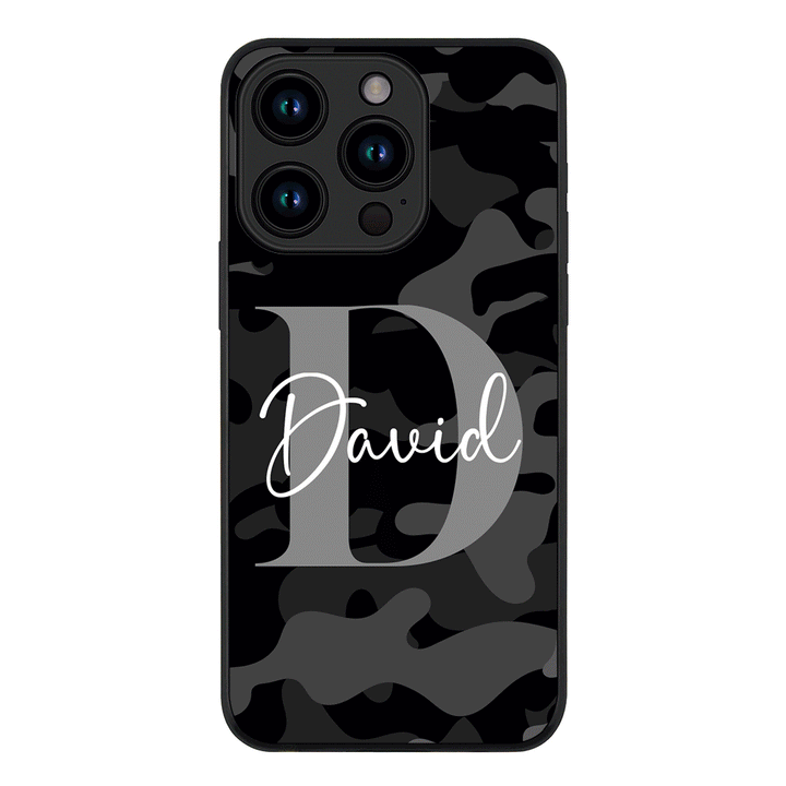 Apple iPhone 15 Pro / Rugged Black Personalized Name Camouflage Military Camo, Phone case - Stylizedd.com