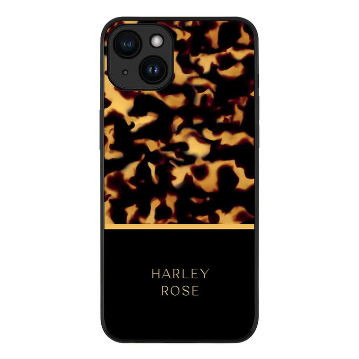 Apple iPhone 15 / Rugged Black Personalized Text Luxury Tortoise Shell Pattern, Phone Case - Stylizedd.com