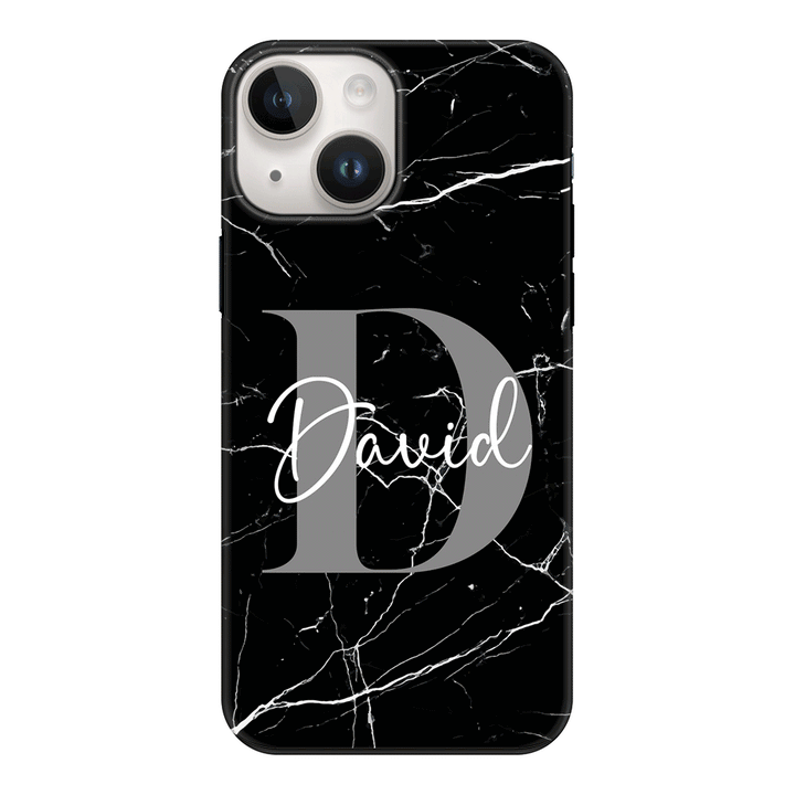 Apple iPhone 15 / Tough Pro Personalized Text Black & White Marble Texture, Phone Case - Stylizedd.com