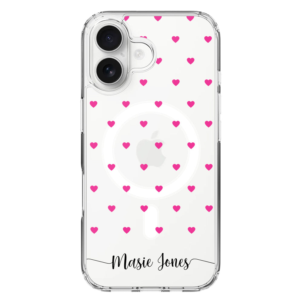 Apple iPhone 16 / Clear MagSafe Heart Pattern Custom Text, My Name Phone Case - Stylizedd.com