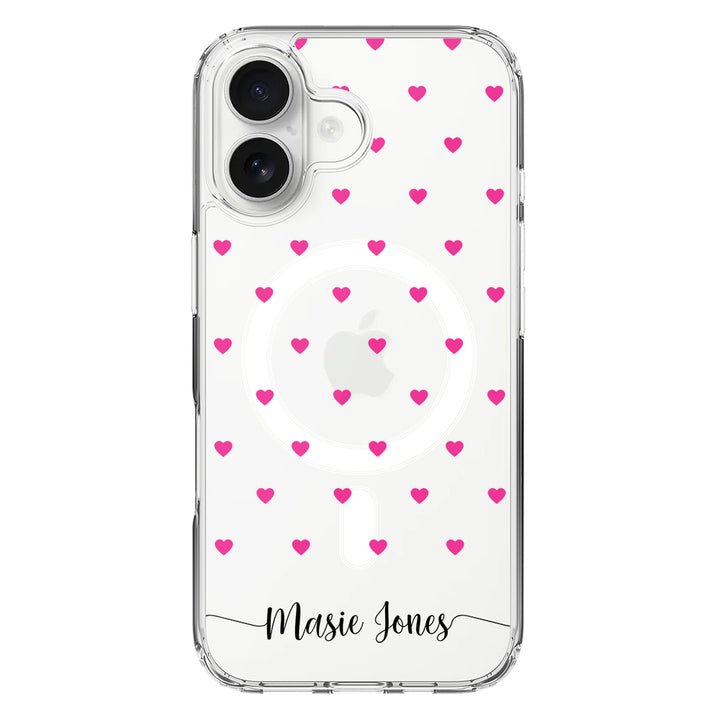 Apple iPhone 16 / Clear MagSafe Heart Pattern Custom Text, My Name Phone Case - Stylizedd.com