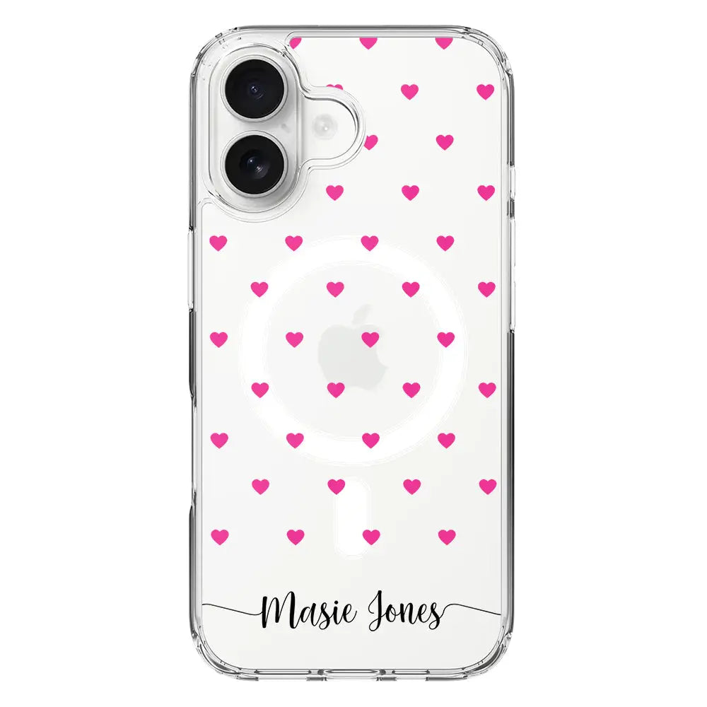 Apple iPhone 16 / Clear Classic Heart Pattern Custom Text, My Name Phone Case - Stylizedd.com