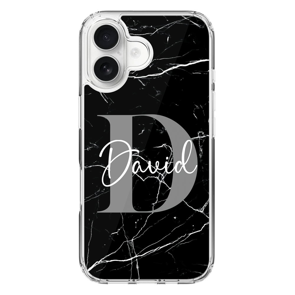 Apple iPhone 16 / Clear MagSafe Personalized Text Black & White Marble Texture, Phone Case - Stylizedd.com