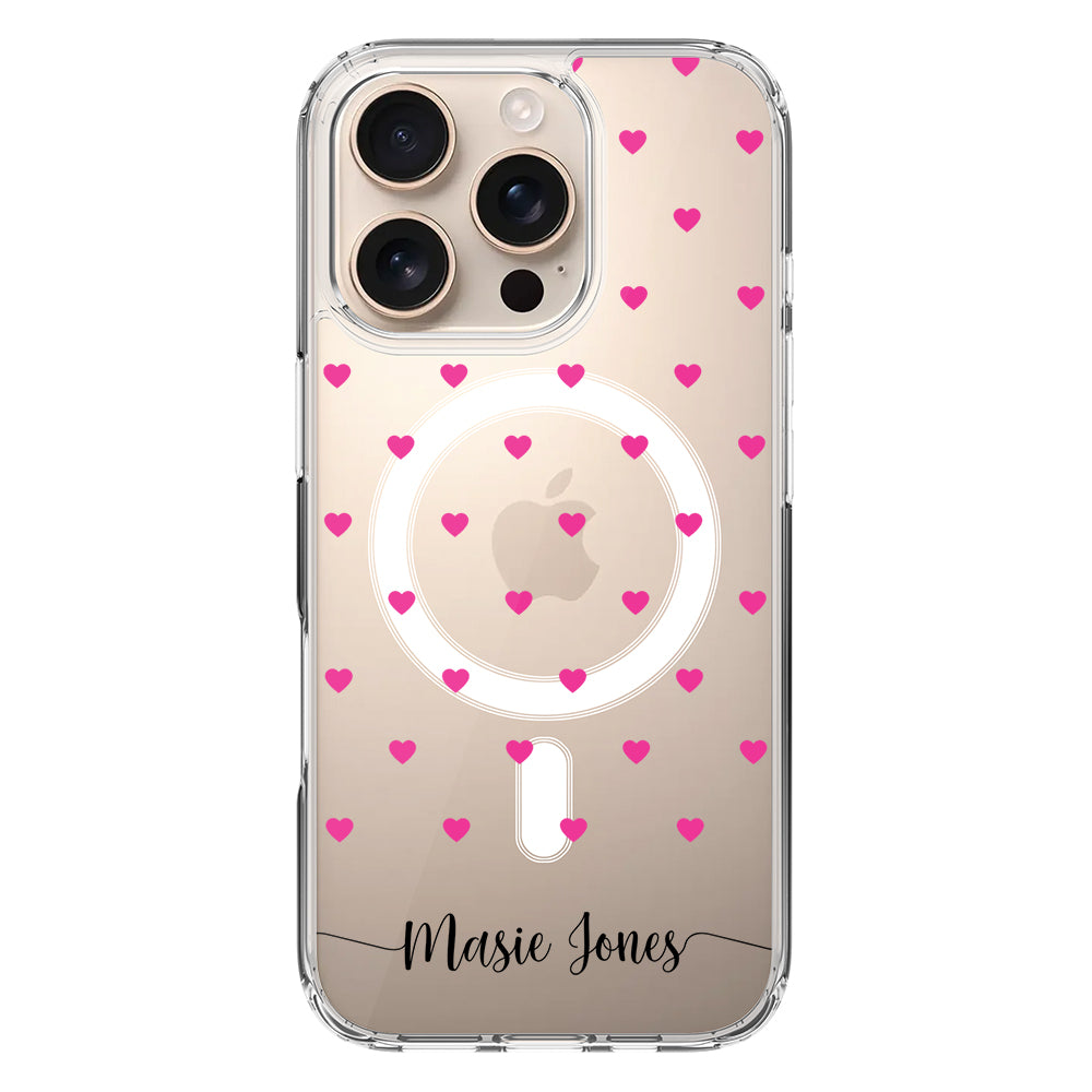 Apple iPhone 16 Pro / Clear MagSafe Heart Pattern Custom Text, My Name Phone Case - Stylizedd.com
