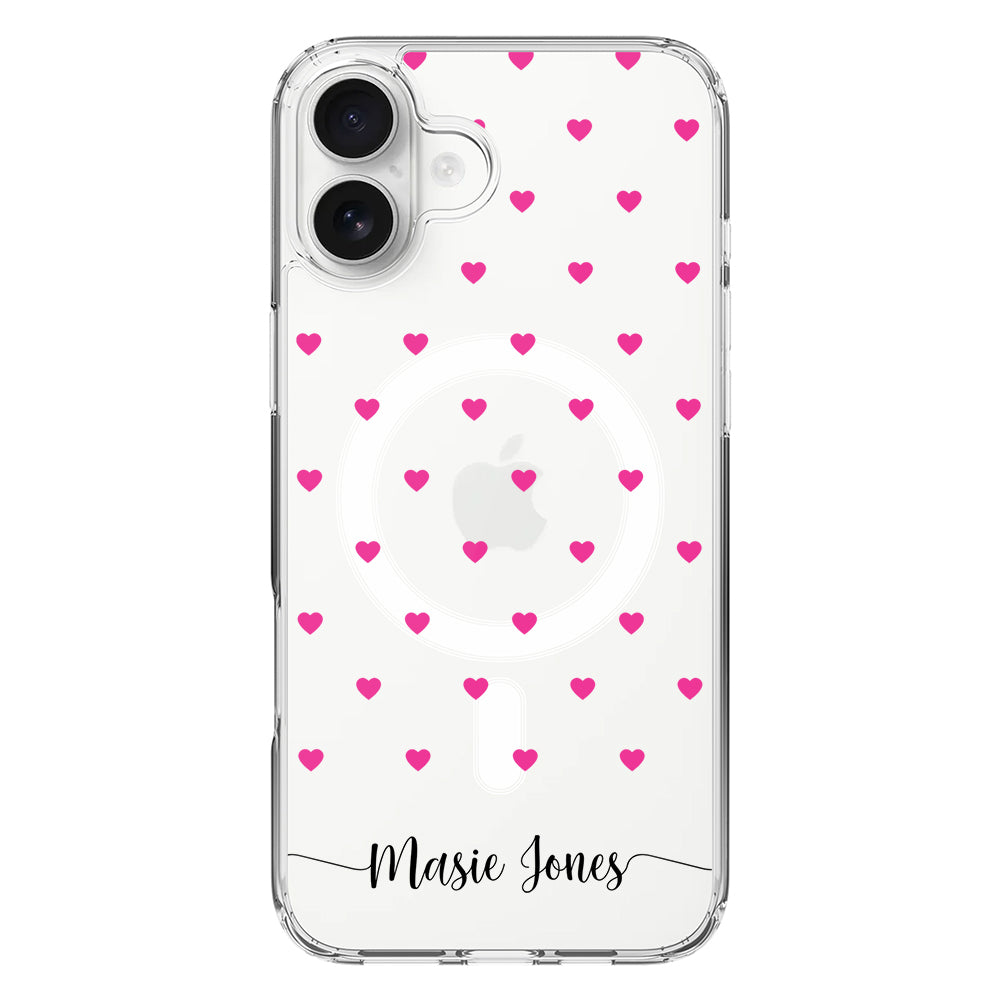 Apple iPhone 16 Plus / Clear MagSafe Heart Pattern Custom Text, My Name Phone Case - Stylizedd.com